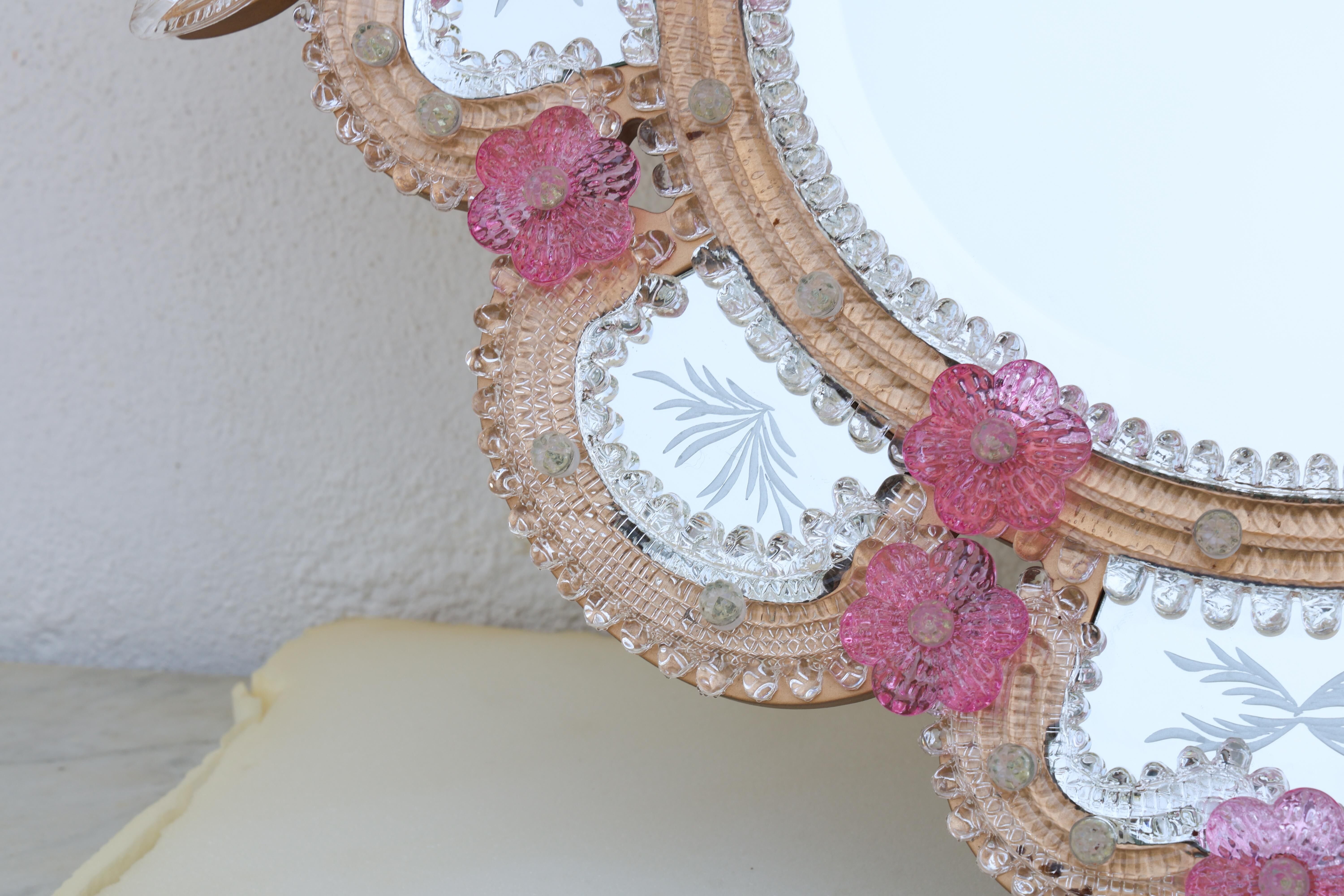 Exceptional Vintage Pink Murano Glass Wall Mirror