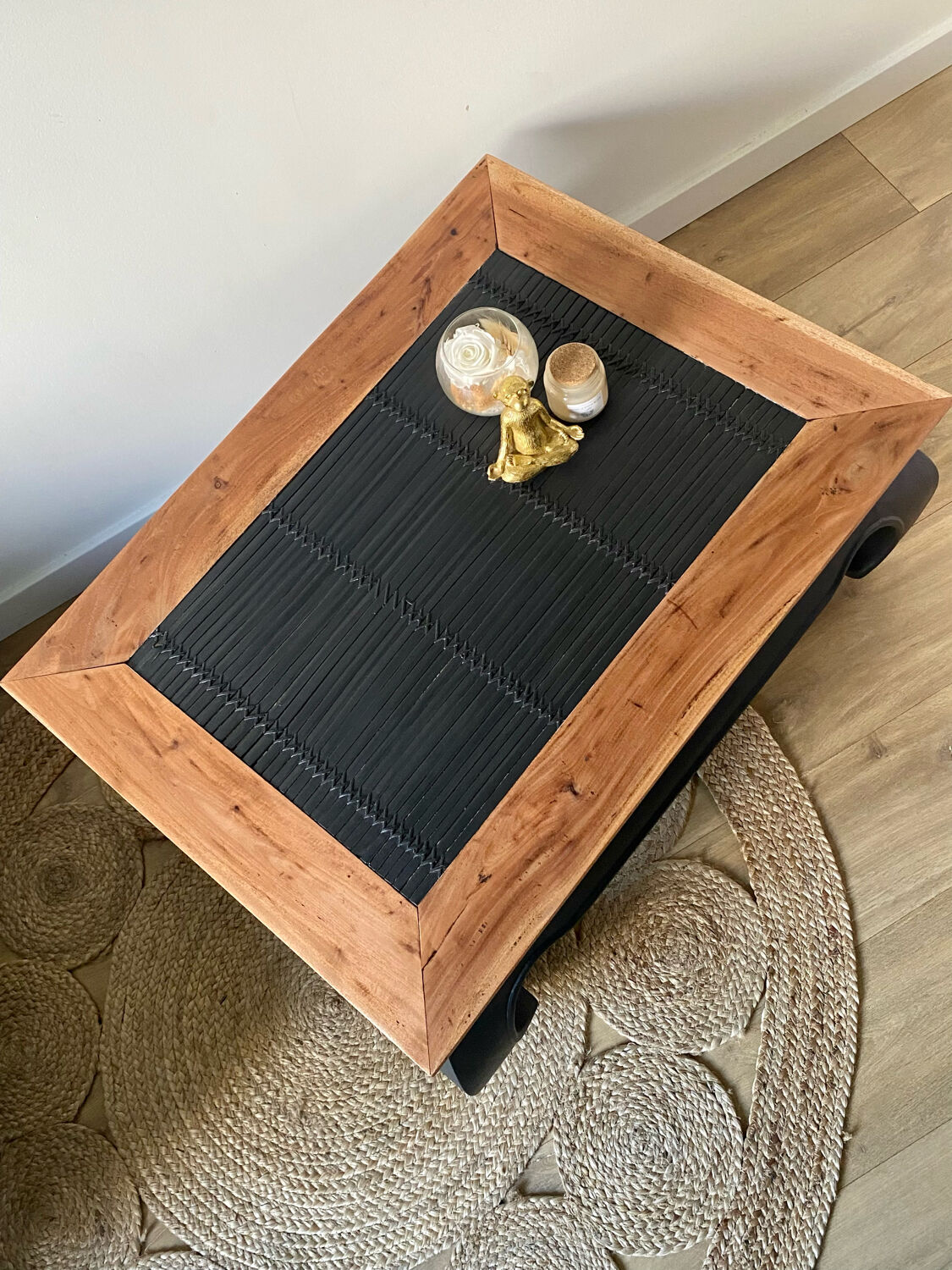 Black Opium and wood coffee table
