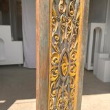 Rectangular Indonesian construction element with blue and yellow plant in carved wood