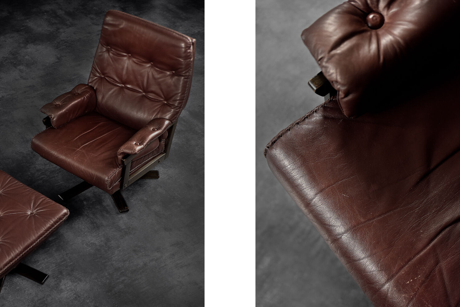 Vintage Mid-Century Scandinavian Modern Brown Leather Executive Swivel Chair & Ottoman, 1970s