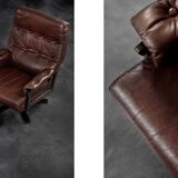 Vintage Mid-Century Scandinavian Modern Brown Leather Executive Swivel Chair & Ottoman, 1970s