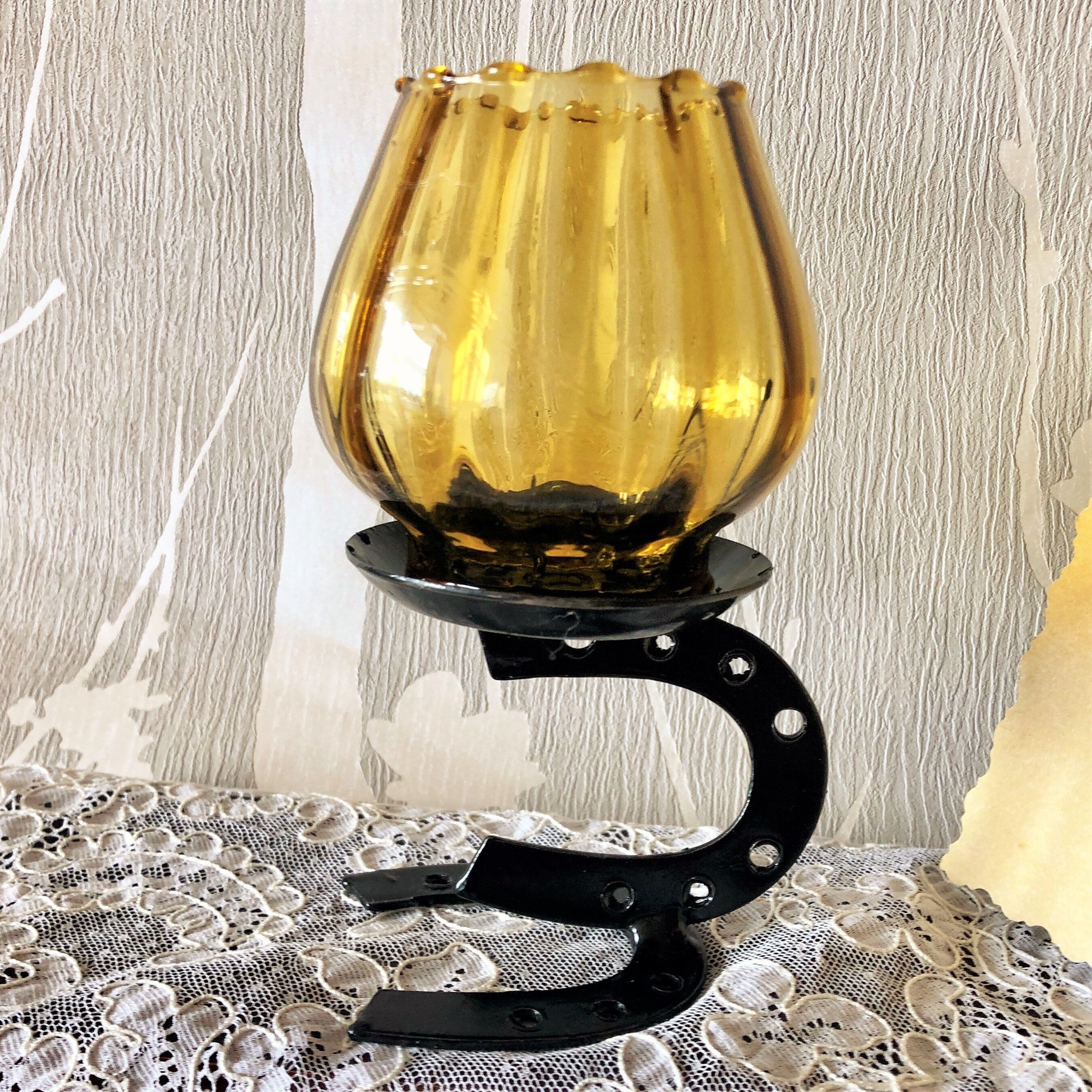 Candle holder photophore metal horseshoe and vintage amber glass