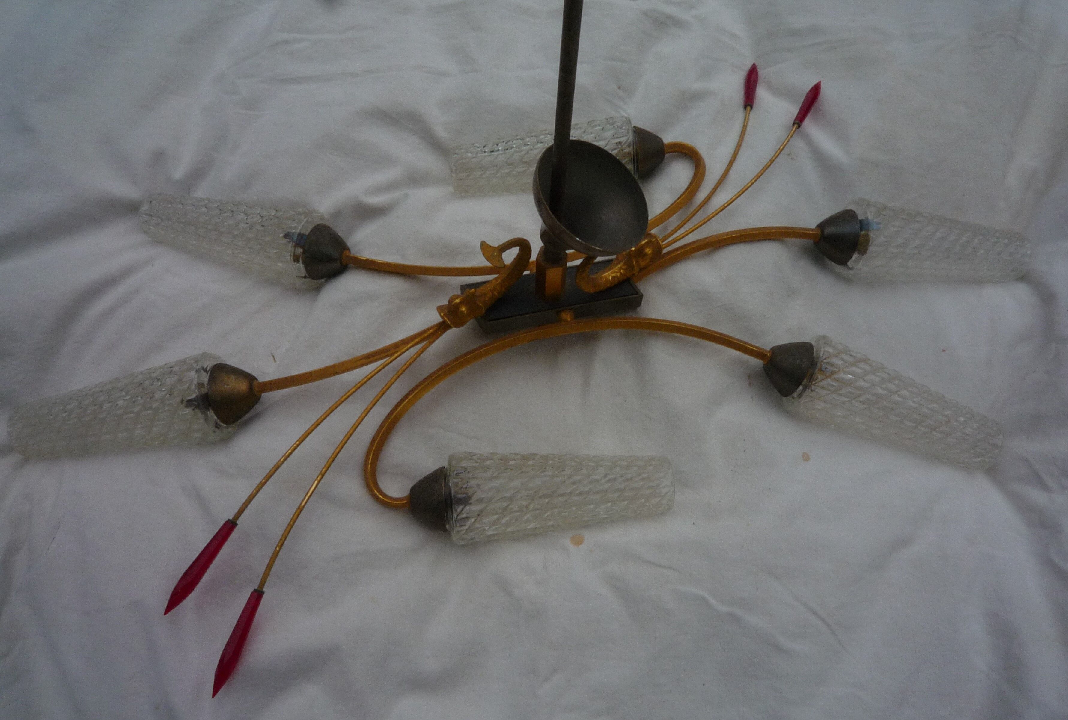 Golden chandelier fish pattern brass 6 branches art deco vintage fine 50s