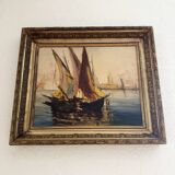 Huile impressionniste ancienne d’un port de Méditerranée