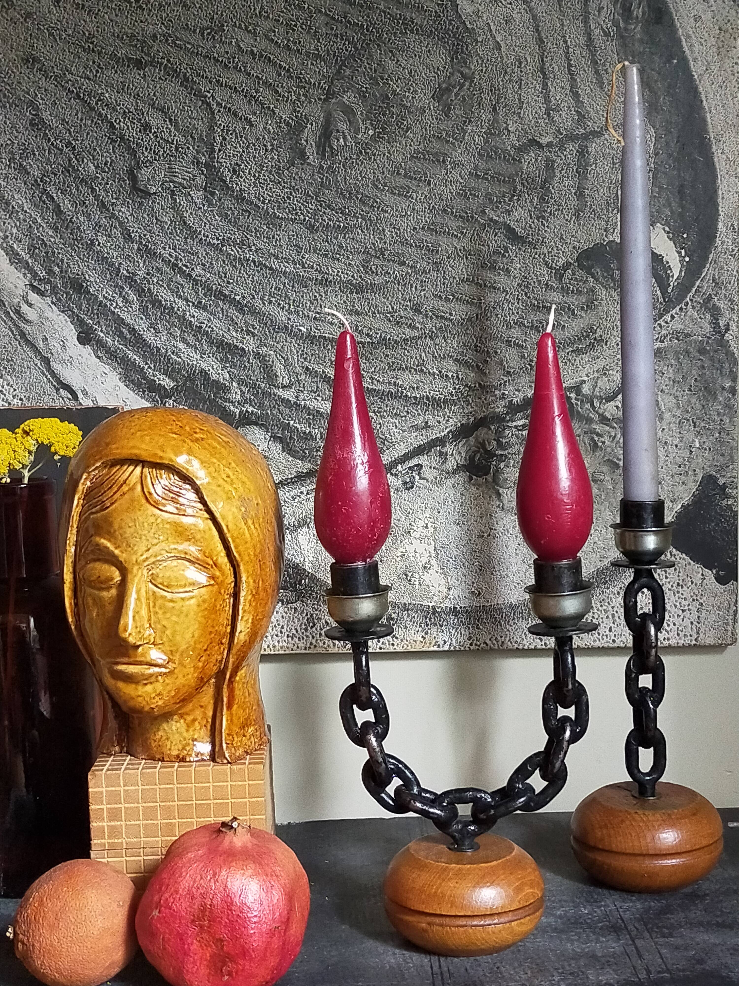 Duo of brutalist Art-popular candlesticks 50s