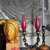 Duo de bougeoirs brutalistes Art-populaire années 50