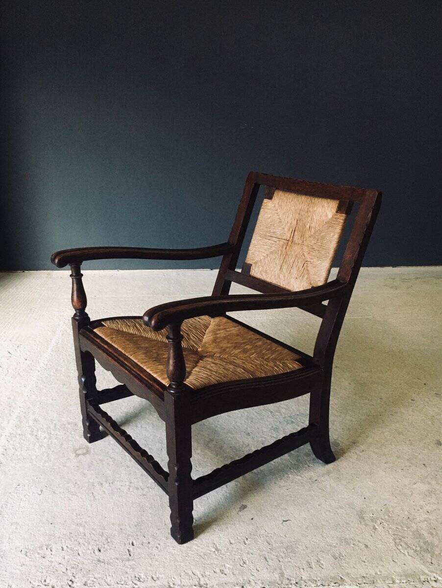 Low Arts & Crafts Oak & Rush Armchair, Belgium 1920s