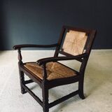 Low Arts & Crafts Oak & Rush Armchair, Belgium 1920s