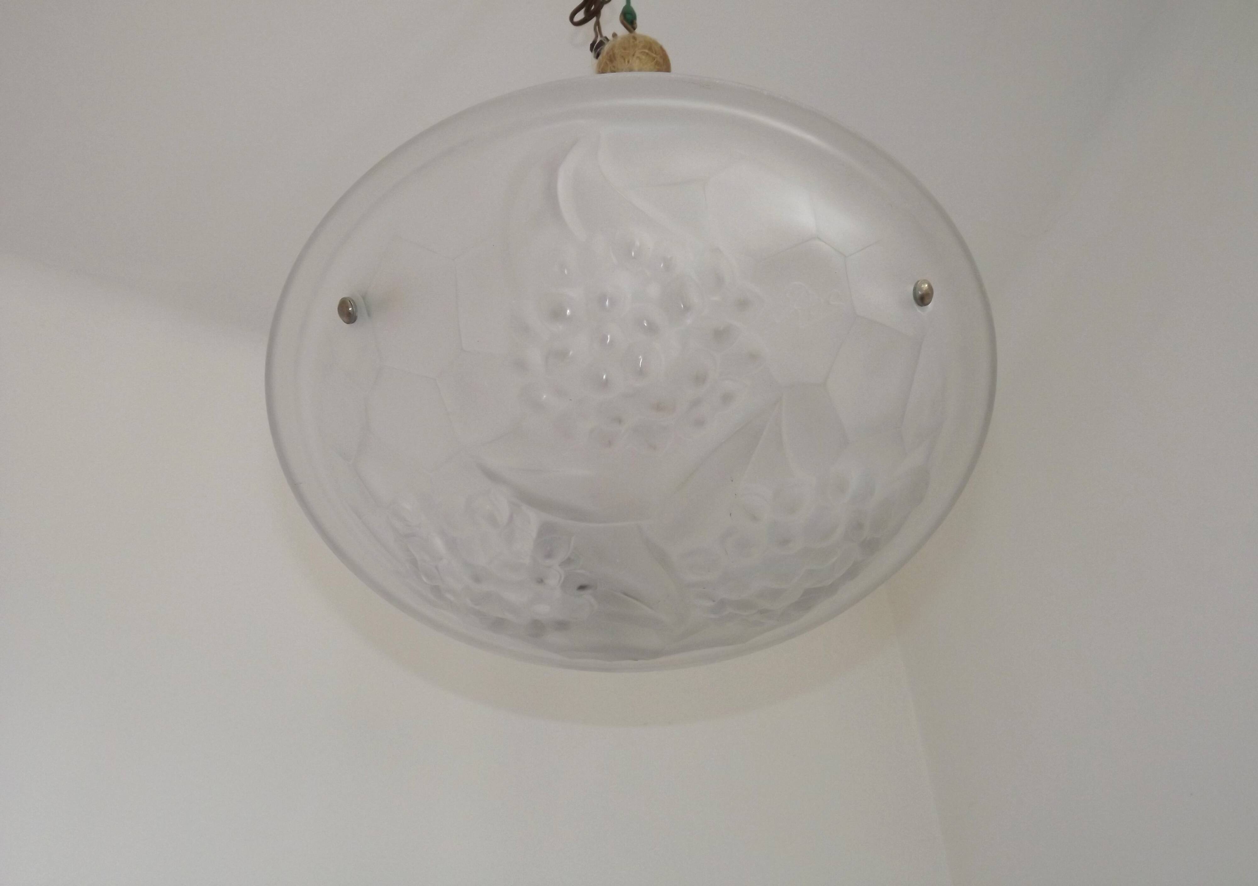 French Art Deco Ceiling Light ROS Degue Frosted Molded Glass Plafonnier