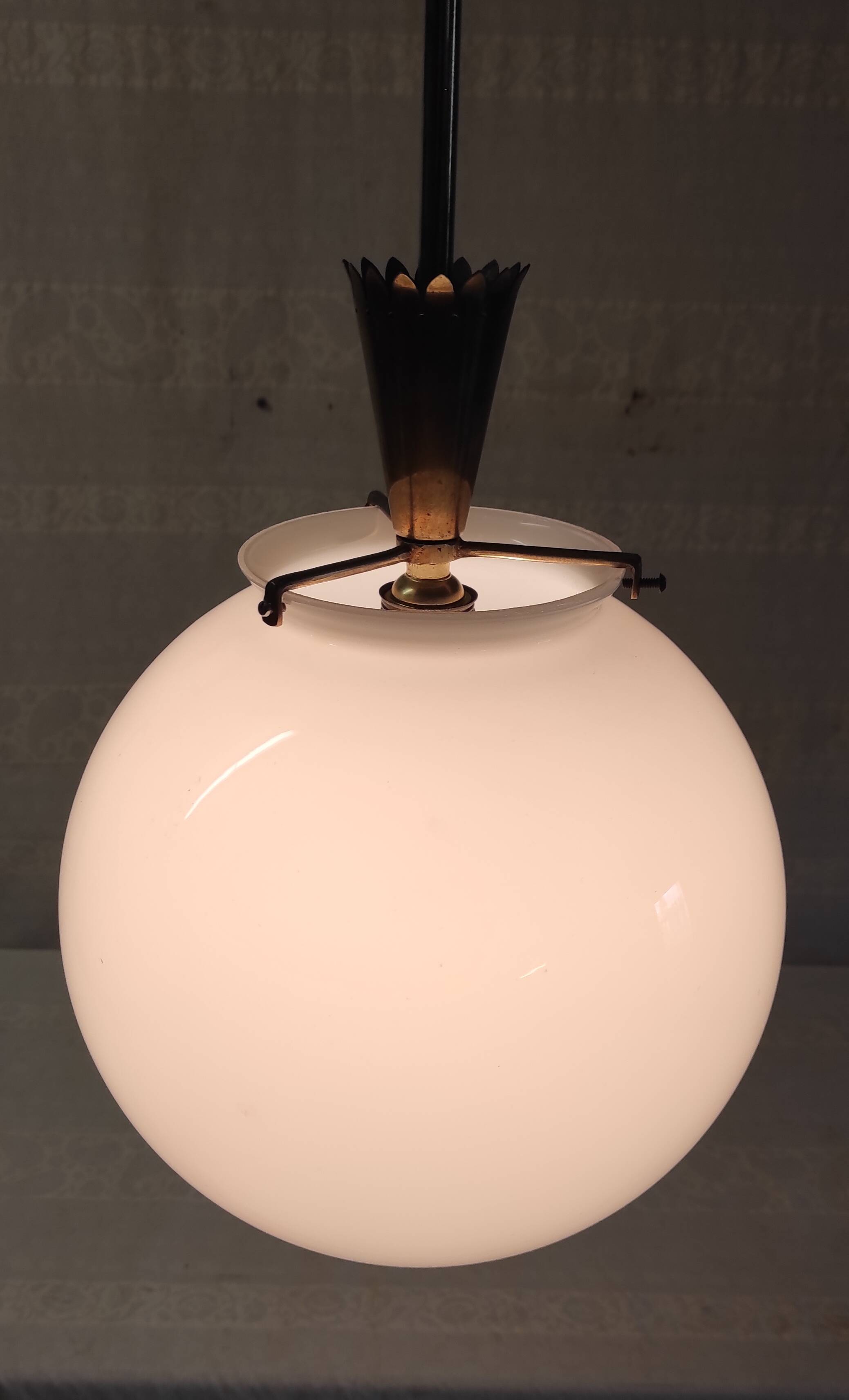 25 cm opaline globe and brass pendant light - 1940s/1950s