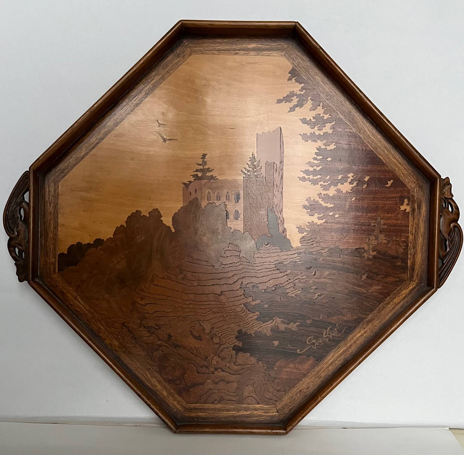 Art Nouveau wooden tray by Émile Gallé