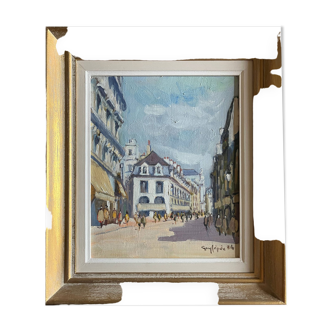 HST painting "Dijon, lively rue de la Liberté" signed Guy Lépine + frame