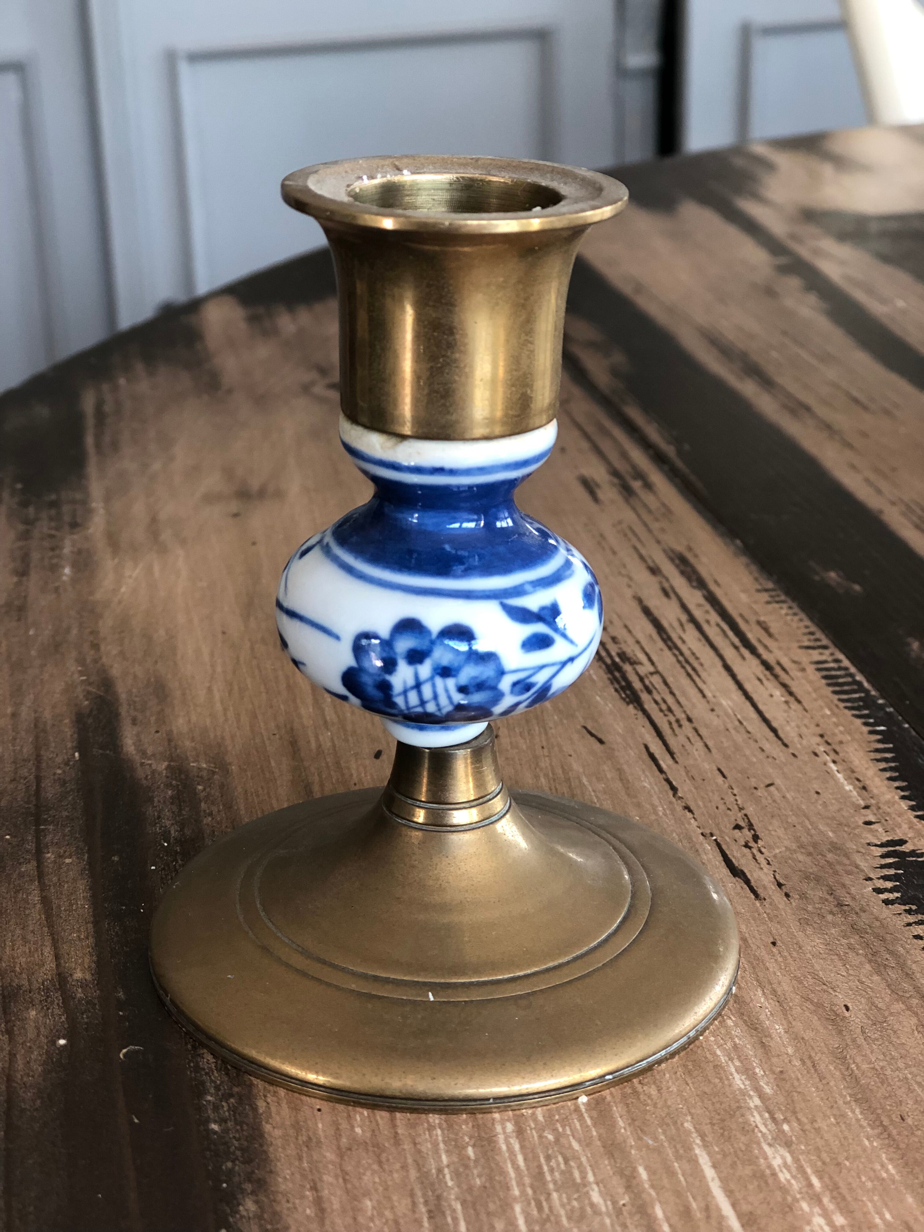 2 brass and ceramic candlesticks