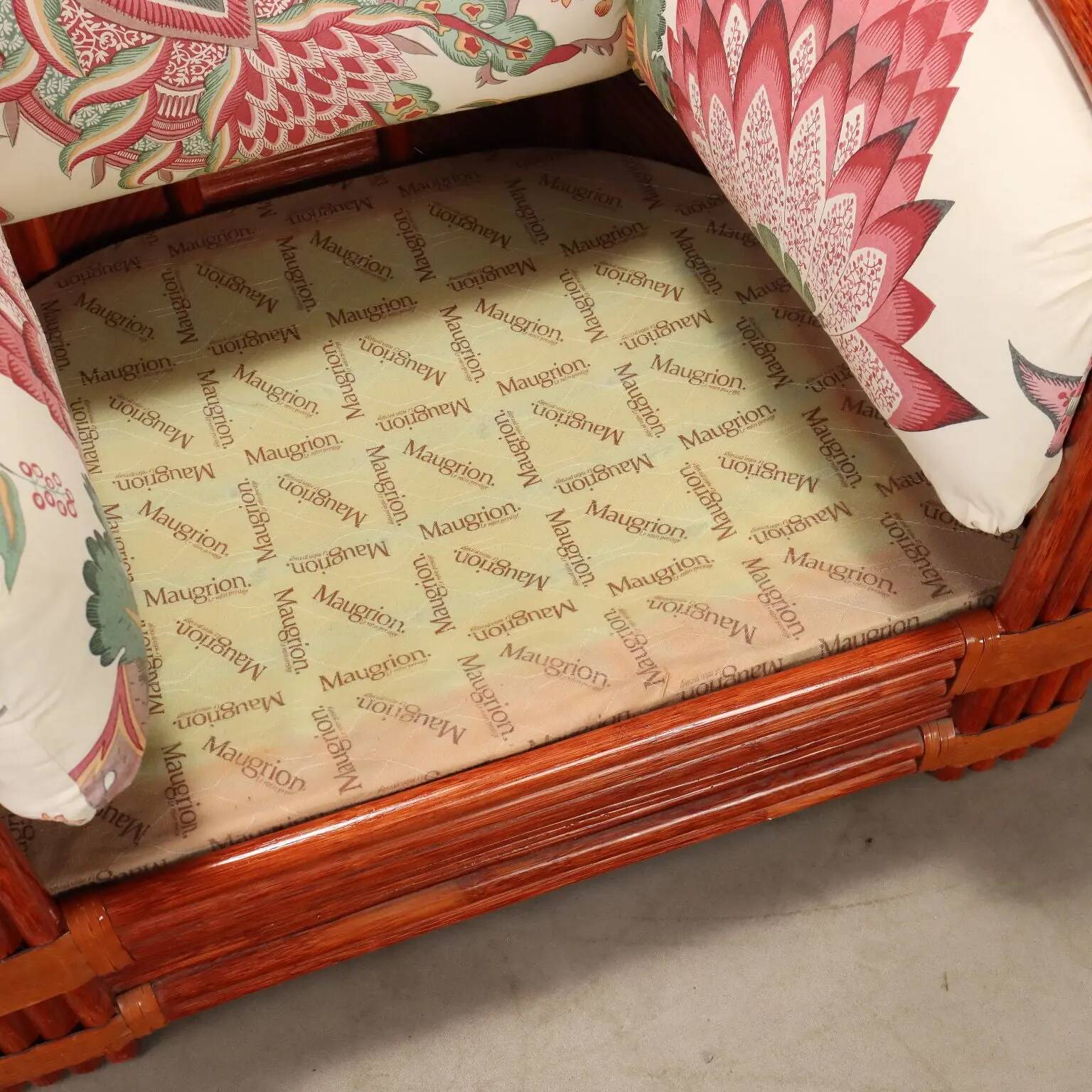 Red lacquered rattan and bamboo sofa from the 1980s.