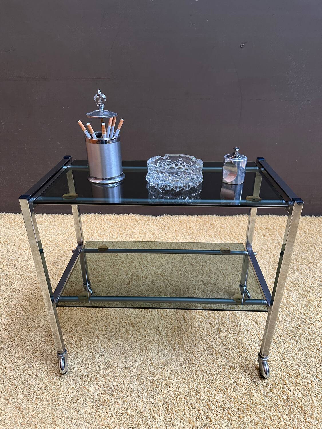 Metal and smoked glass dessert table