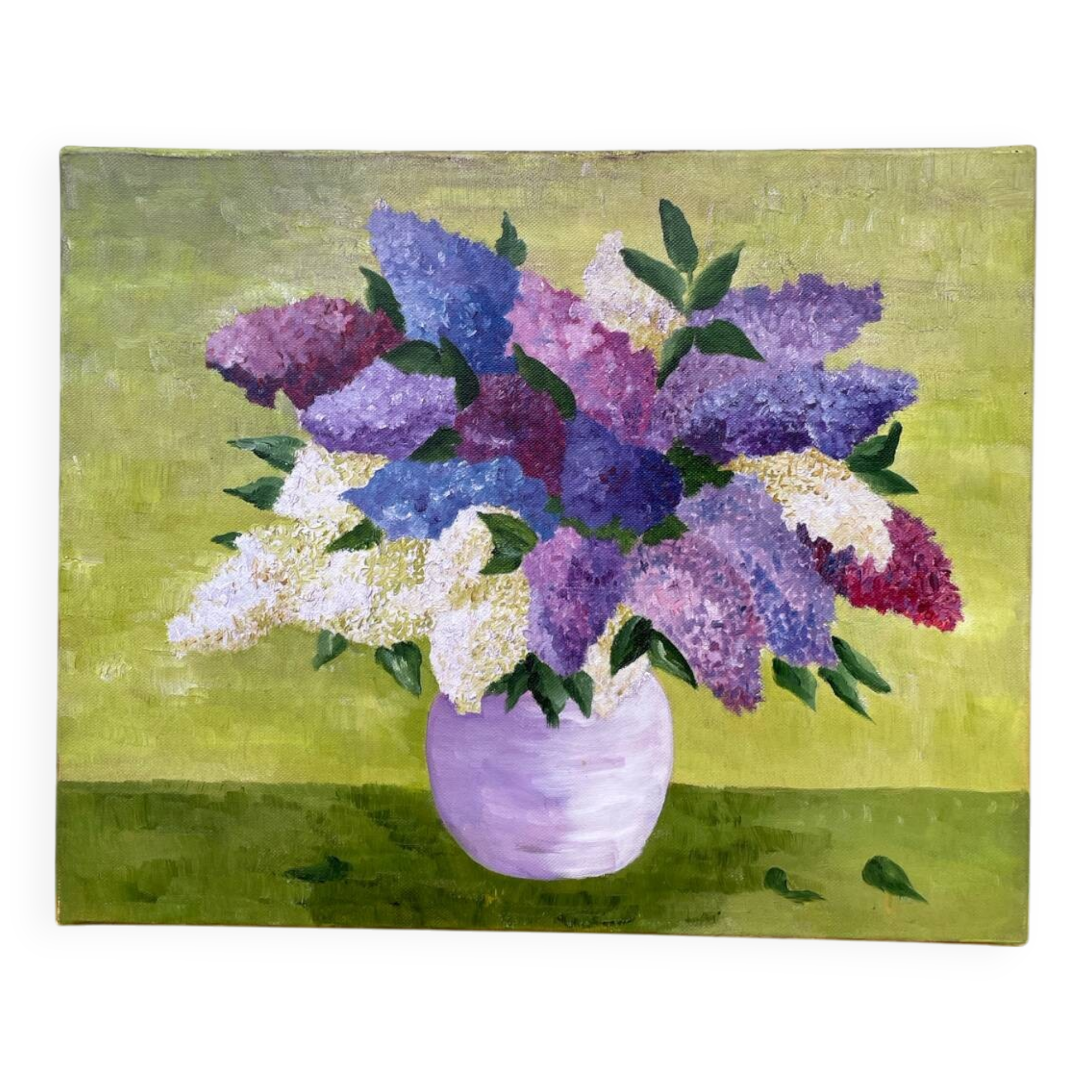 Painting bouquet of lilacs oil on canvas