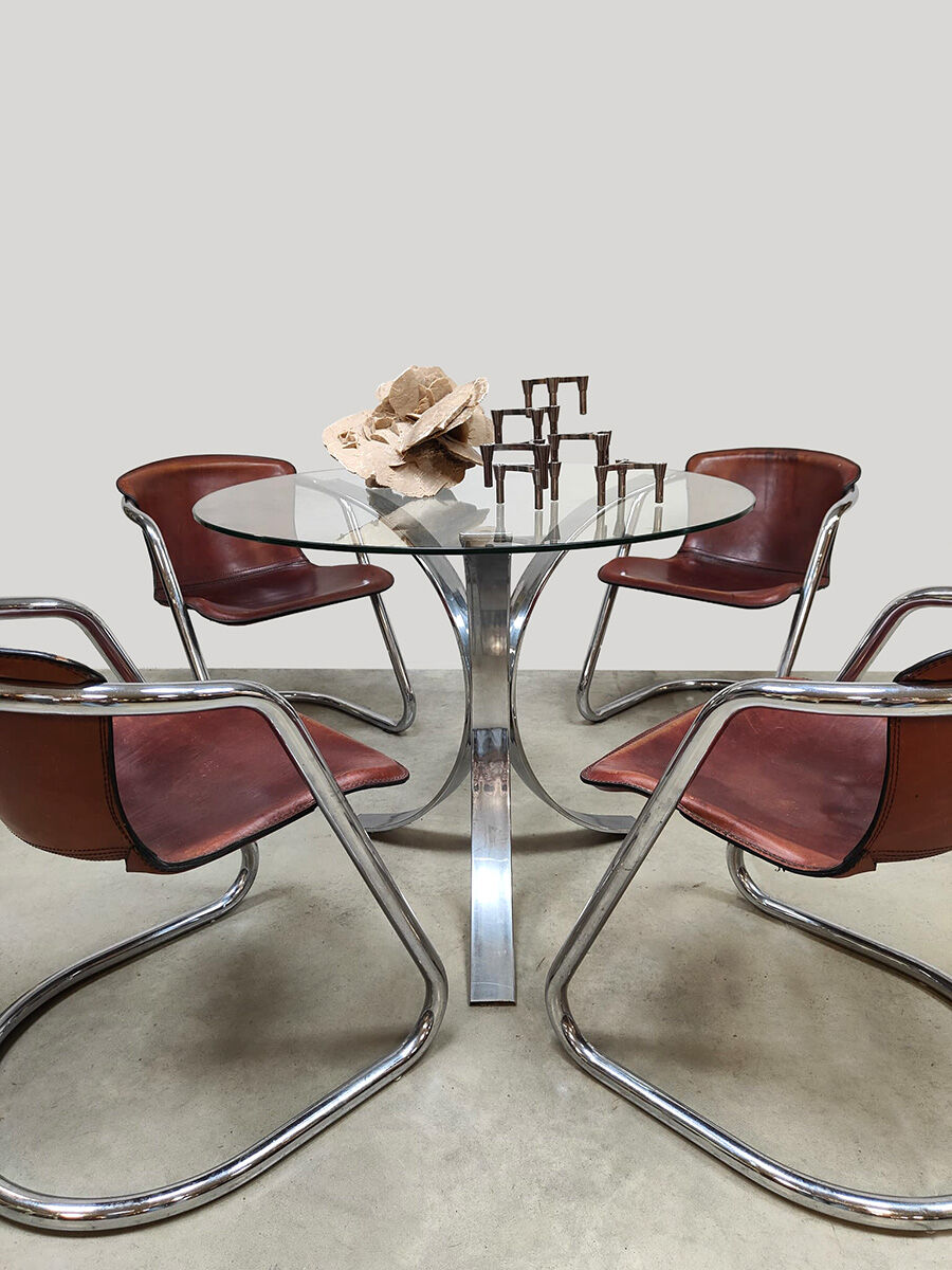 Dutch design vintage tubular chrome leather dining chairs Metaform