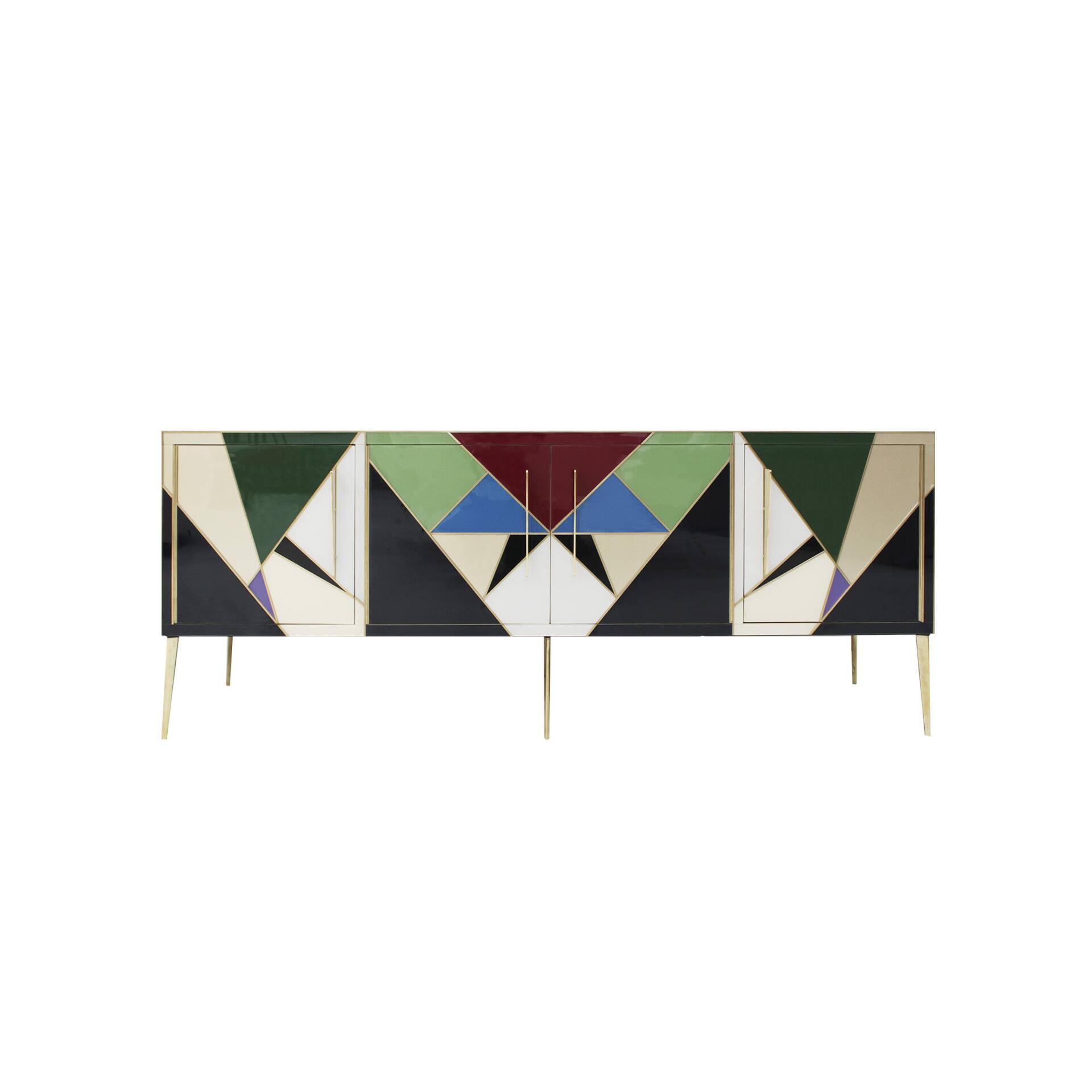 Mid-Century Style Italian Sideboard Made of Wood Brass and Colored Glass