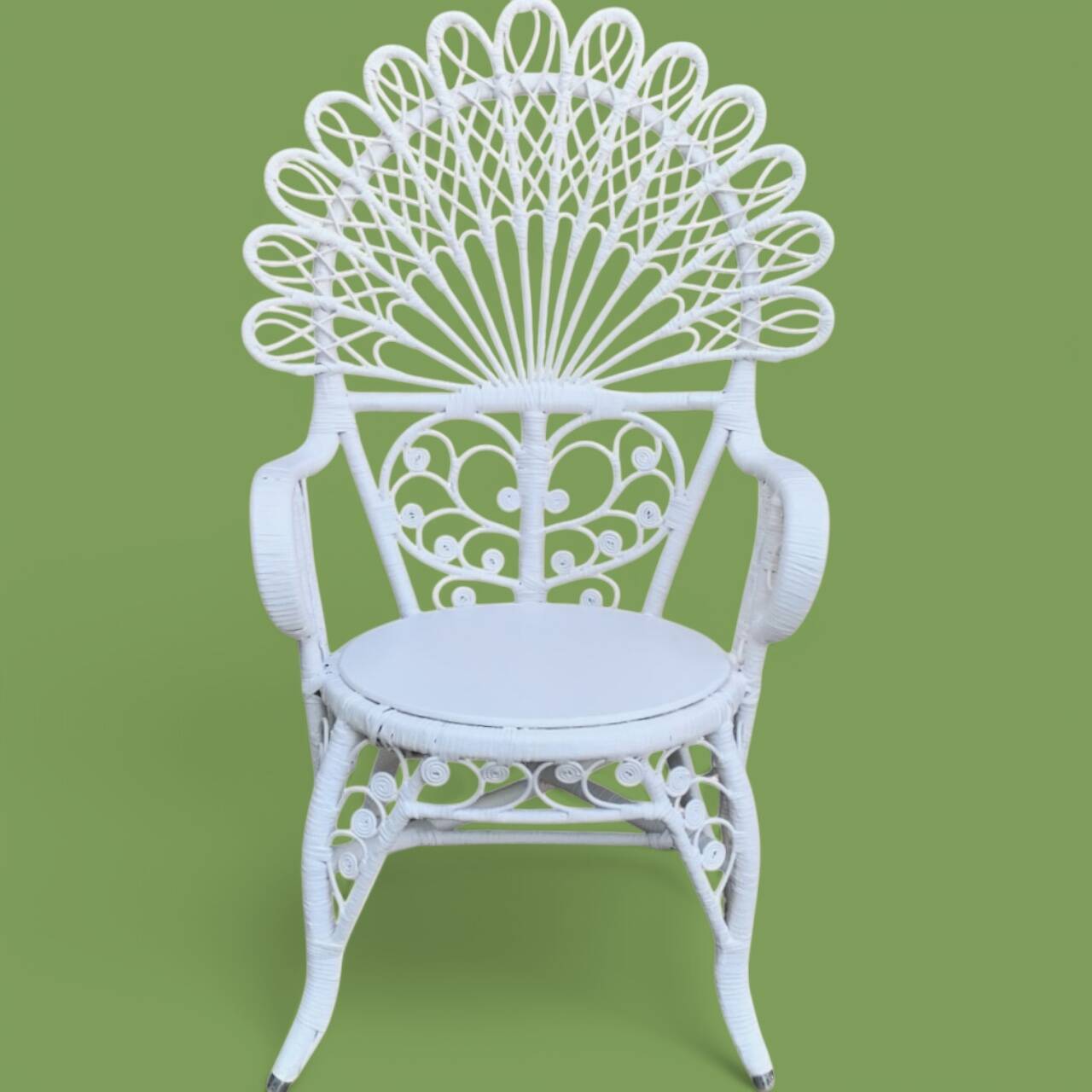 Emmanuelle Peacock white rattan armchair 1970