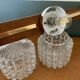 Vintage teak, brass and glass chandelier