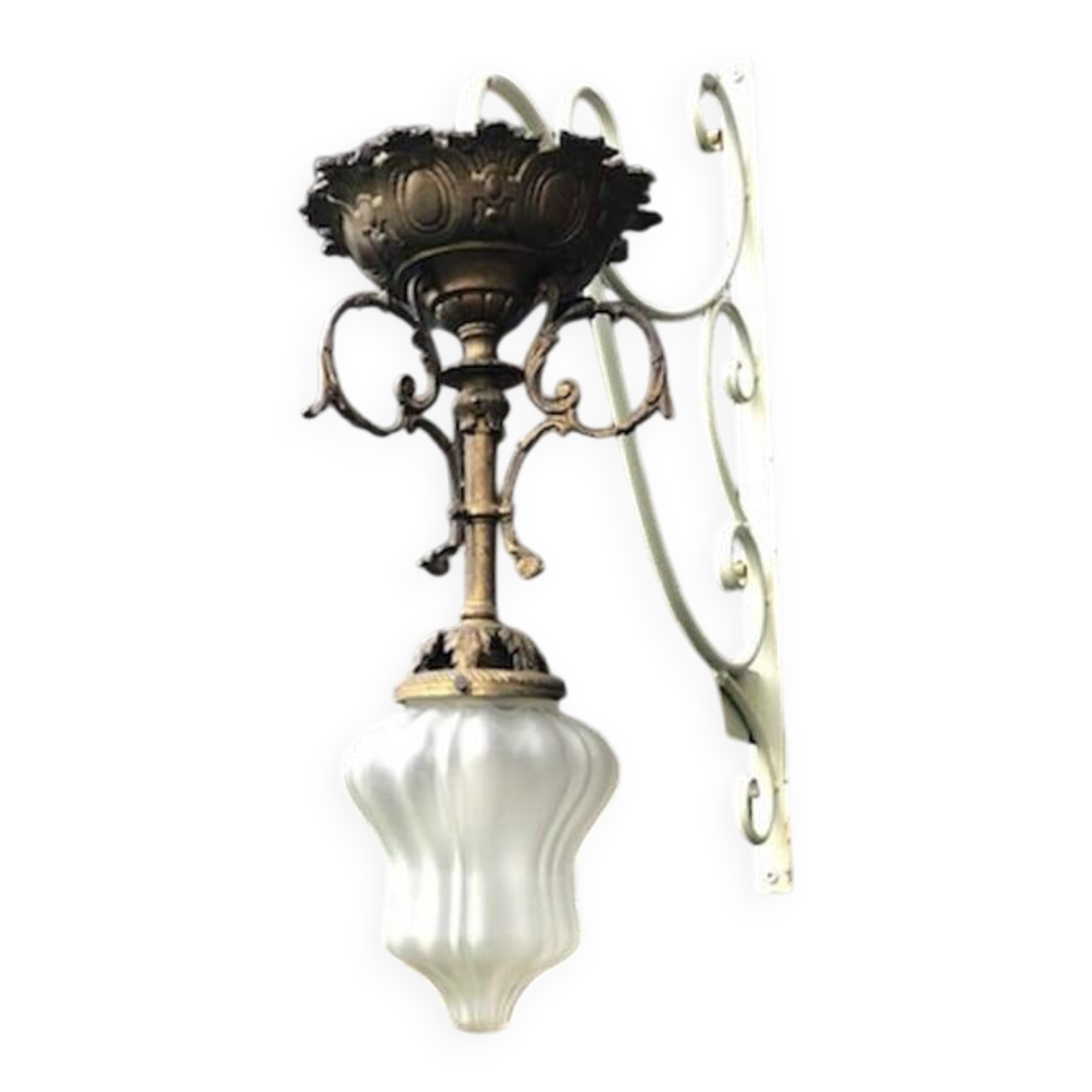 Antique French Napoleon III Brass & Bronze Opaline Glass Ceiling Light