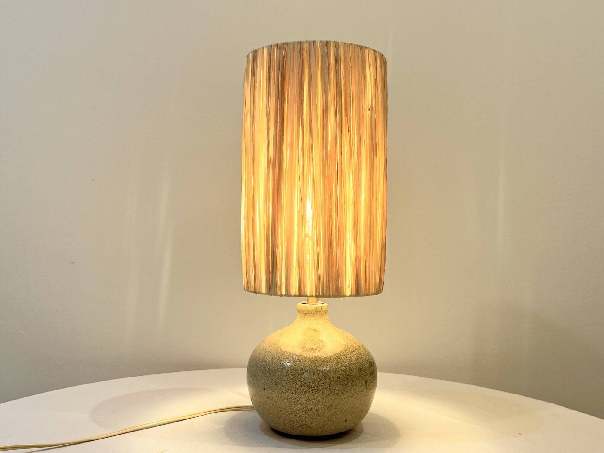 Signed ball lamp in vintage beige stoneware 1970 raffia rope lampshade 70s bohemian chic