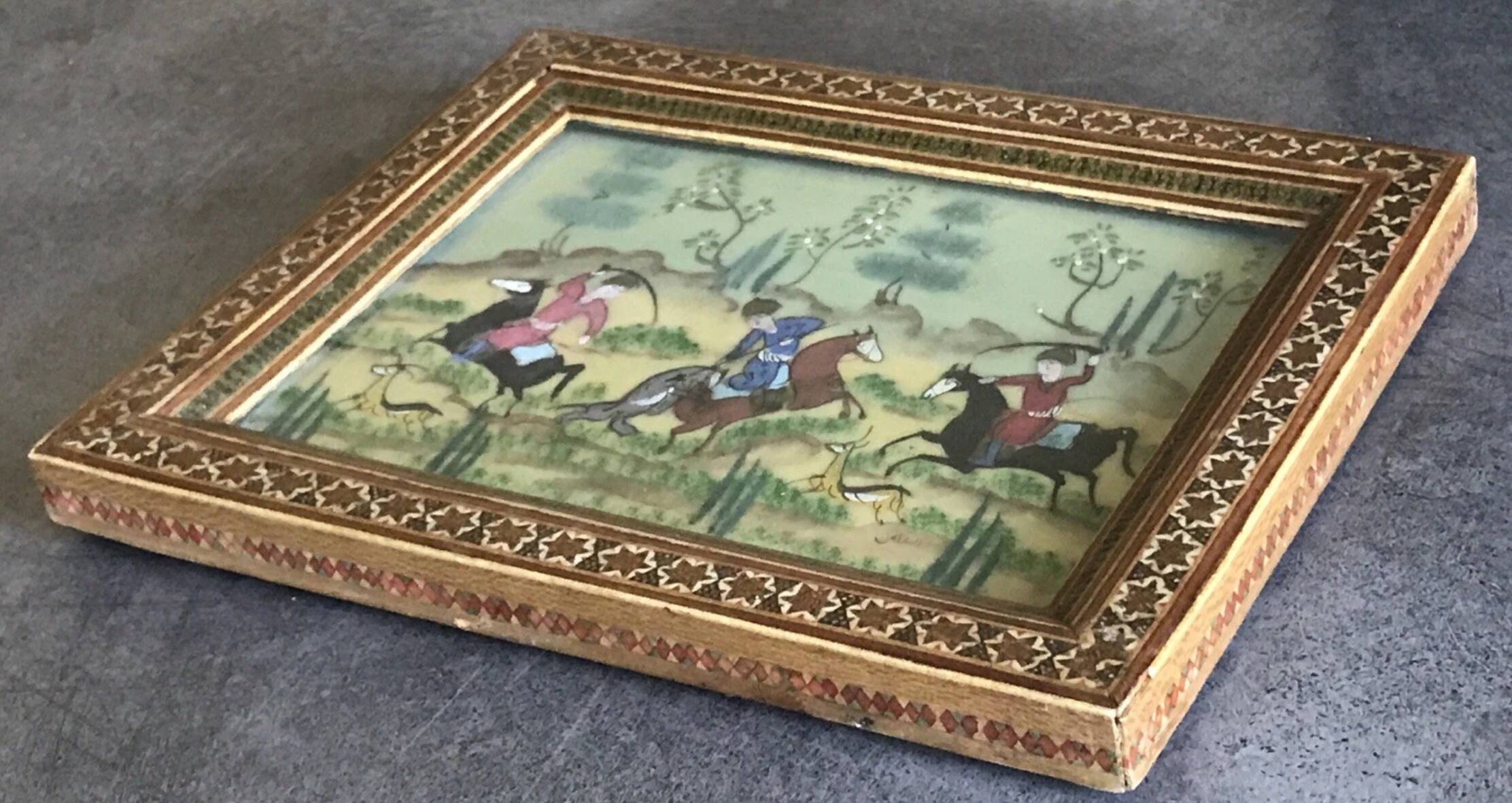 Ancient Indo-Persian painting with wooden mosaic frame