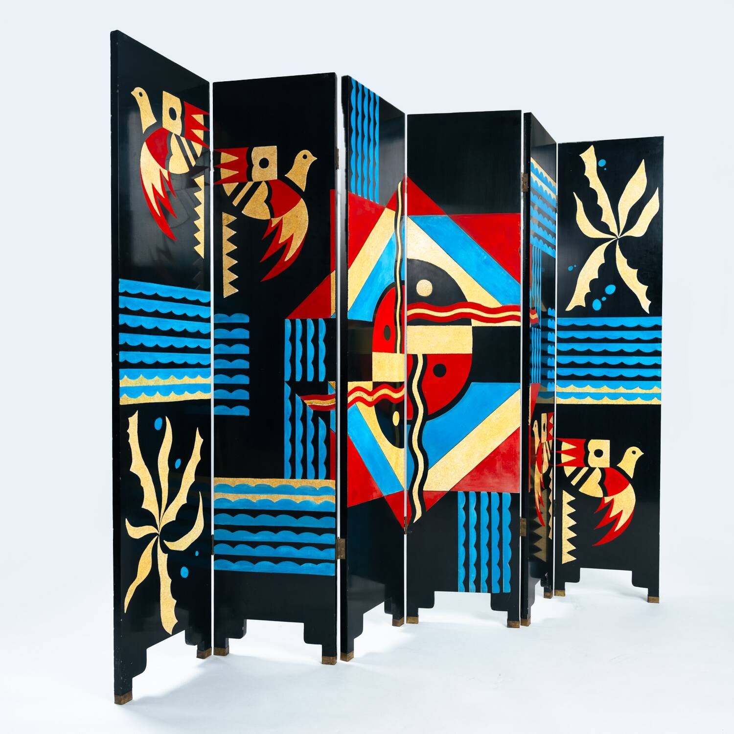 Room divider in art deco style with birds, geometric patterns, red, yellow, blue
