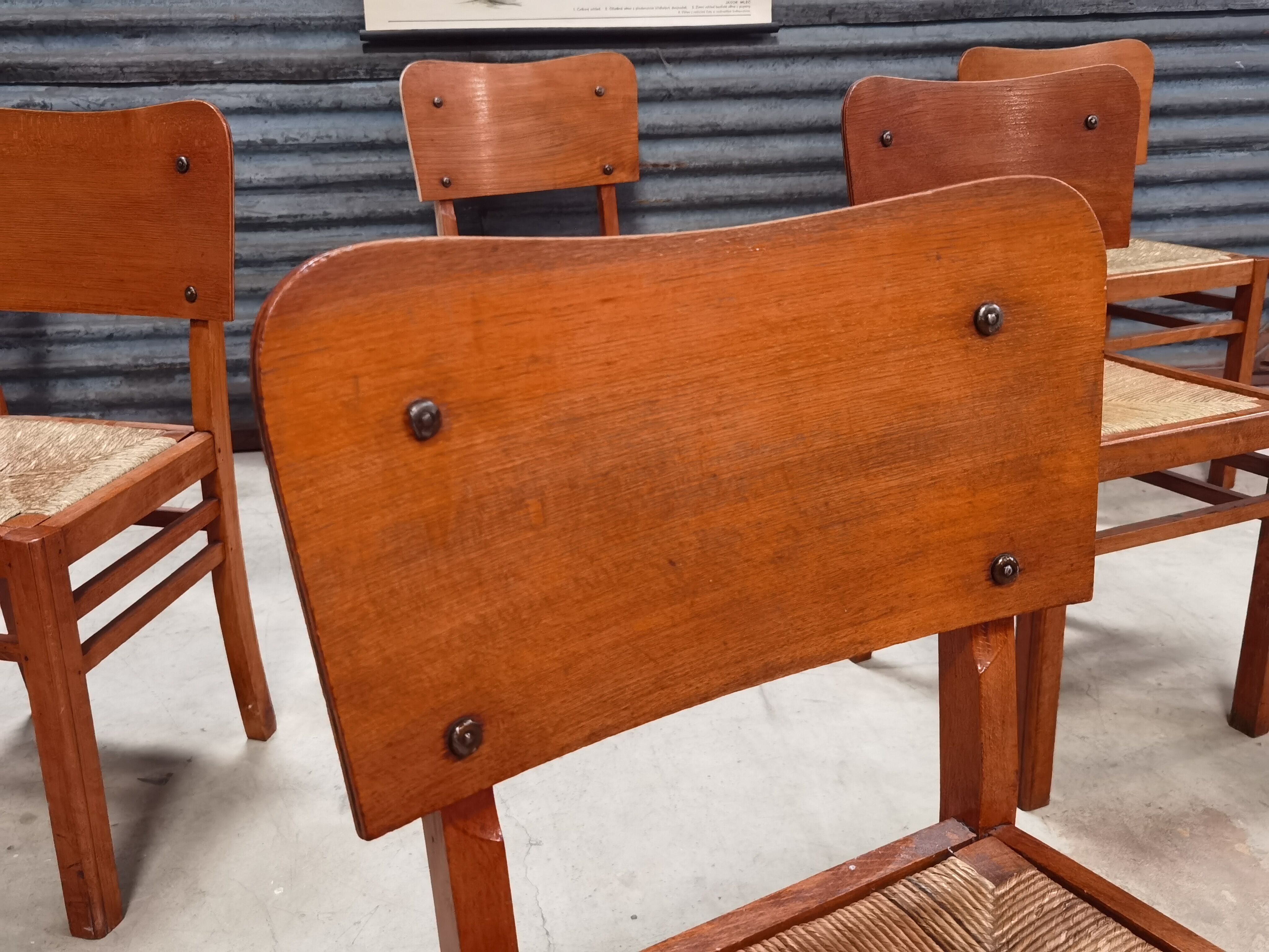 Set of 6 straw wood chairs 1950