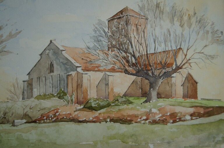 Church in the countryside - Watercolor signed