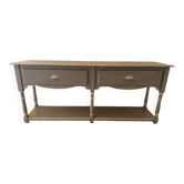 Wall-mounted console in wood, grey lacquer with a highlighted edge.