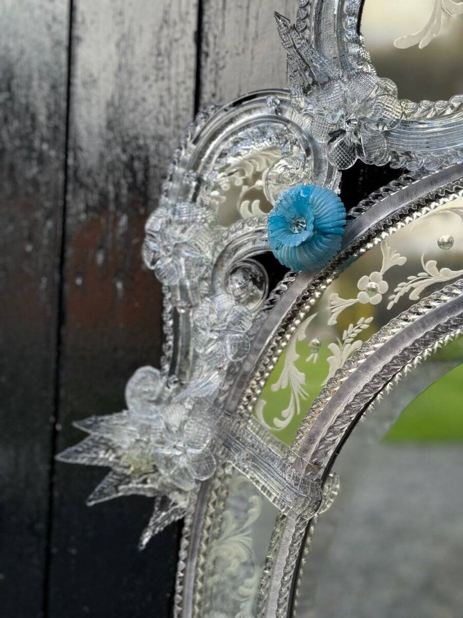 Miroir Vénitien En Verre De Murano Incolore Et Bleu