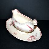 Sarreguemines earthenware gravy boat, Red Favorite with birds