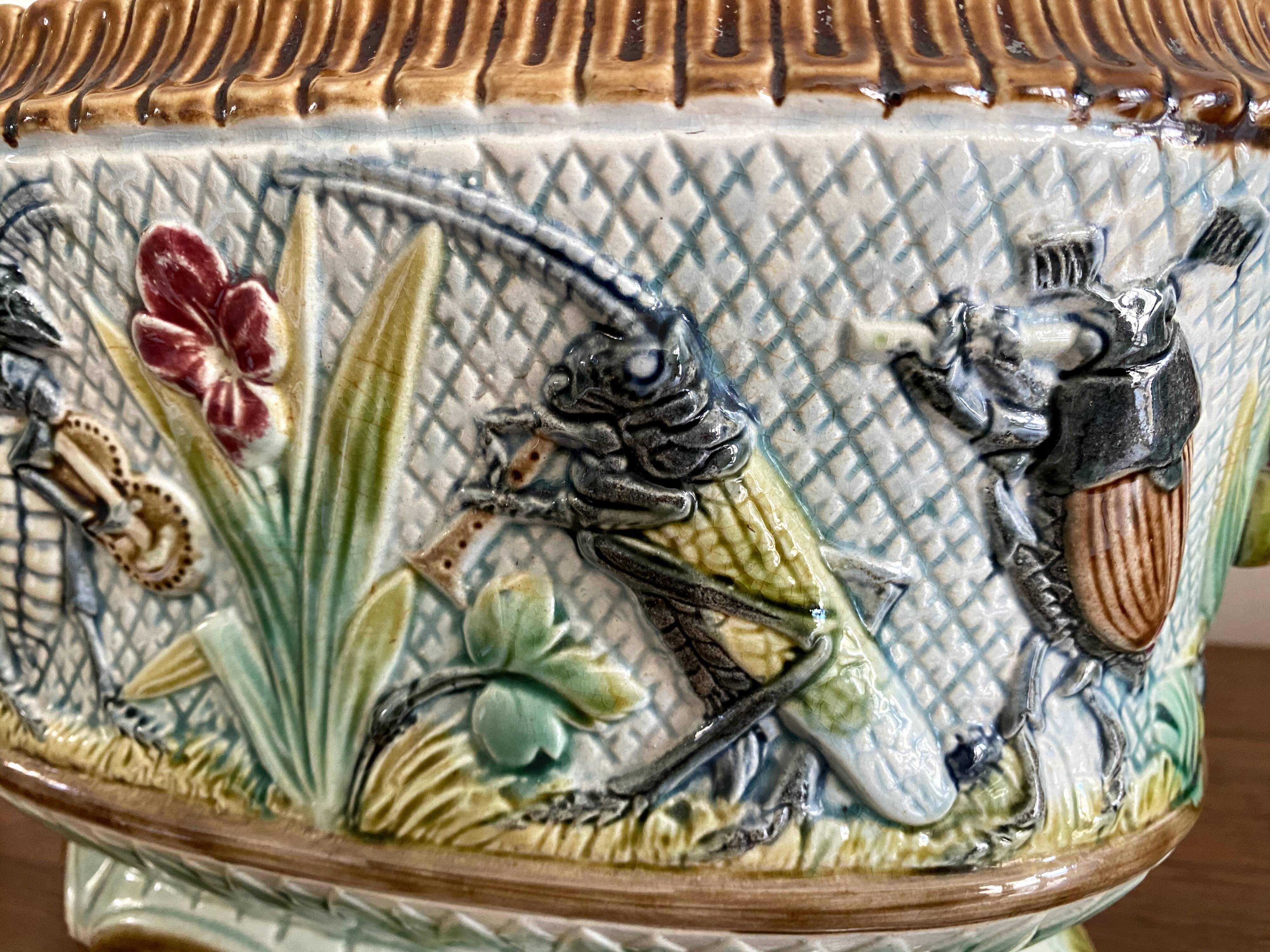 Important planter cache pot barbotine decor insects musicians late 19th century