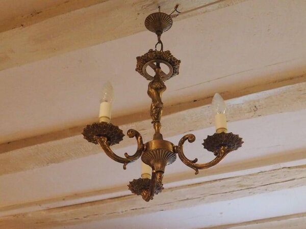 Vintage Italian bronze brass 3 branch female figurine chandelier C1950s