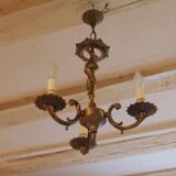 Vintage Italian bronze brass three-branch female figurine chandelier c. 1950s