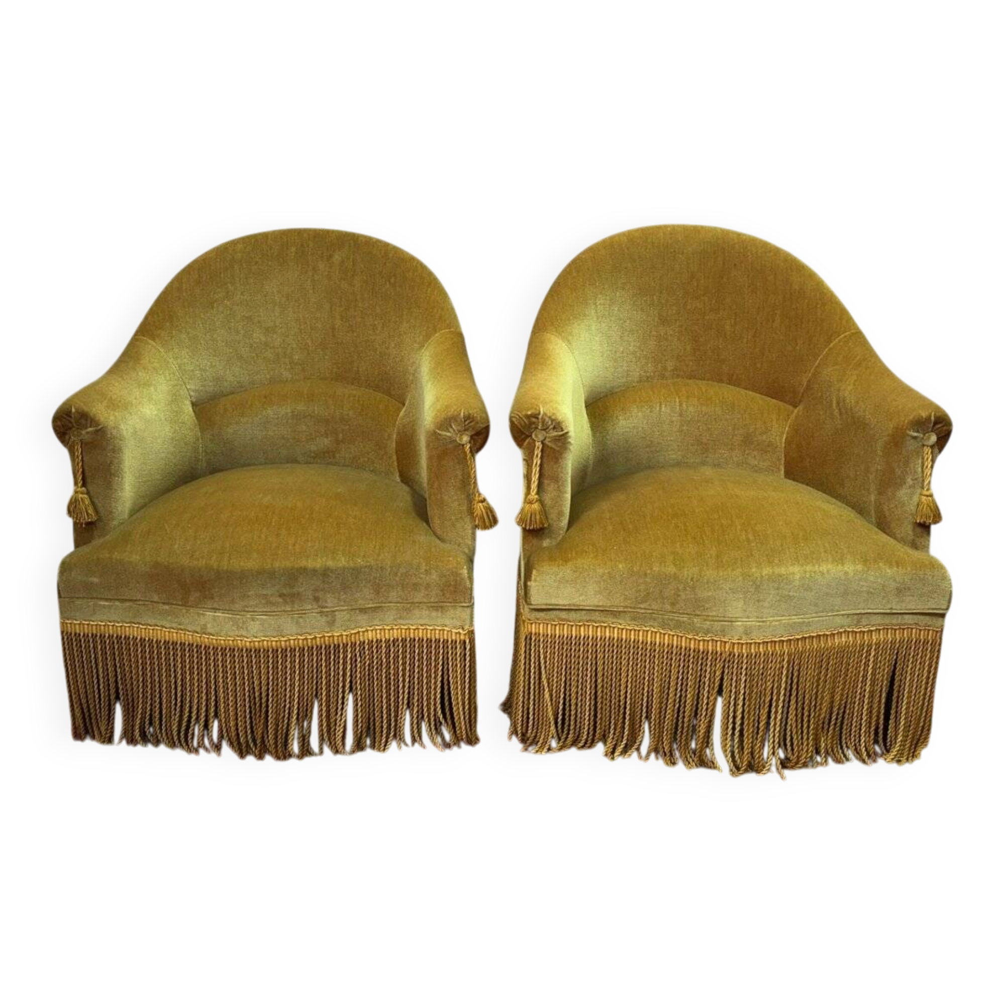 Paire de fauteuils bergère Art Déco velours jaune doré années 1920