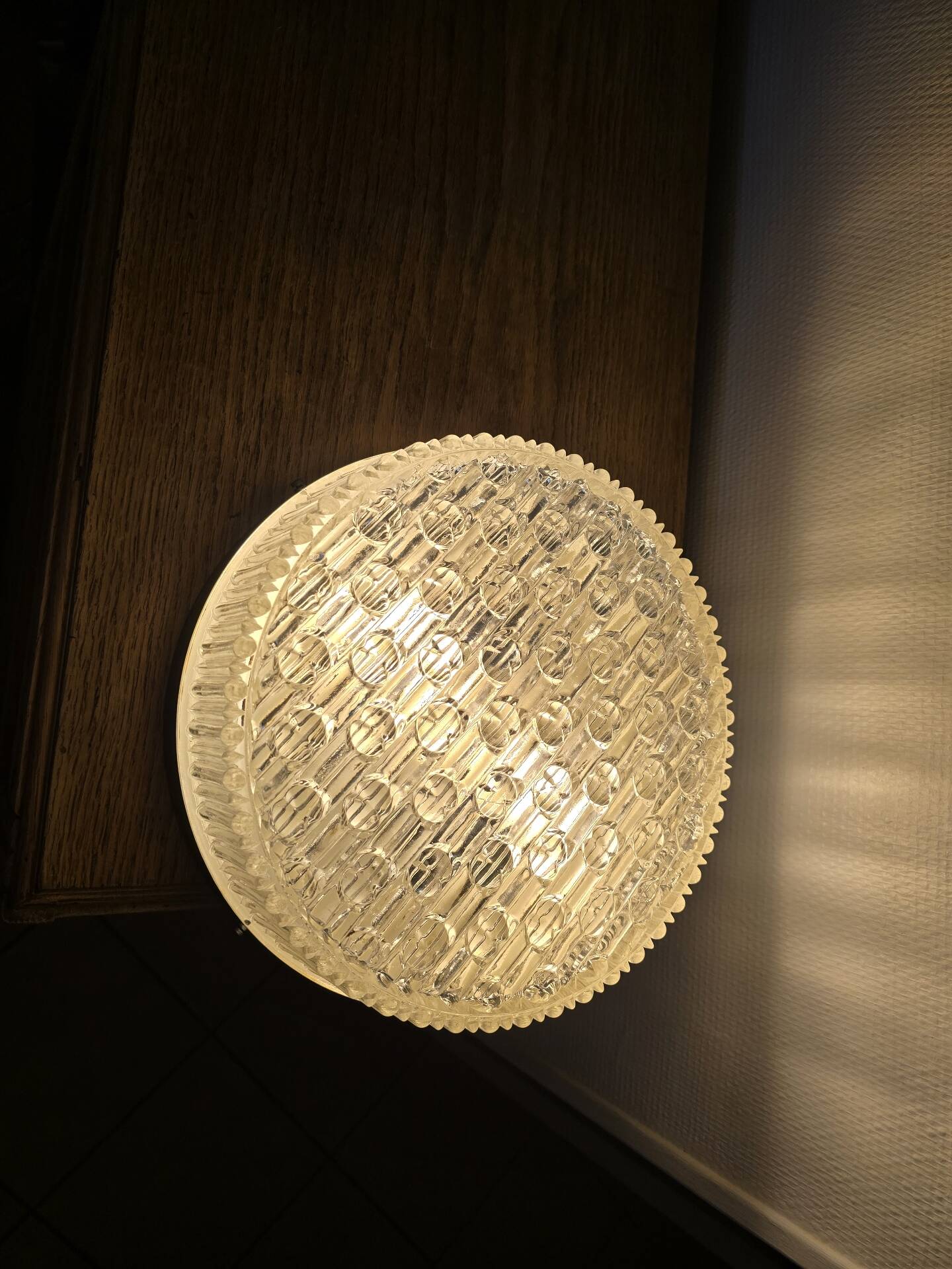 Antique ceiling light, large holophane glass style, fully restored.