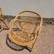Rattan lounge with two armchairs and a vintage 1950s bench.
