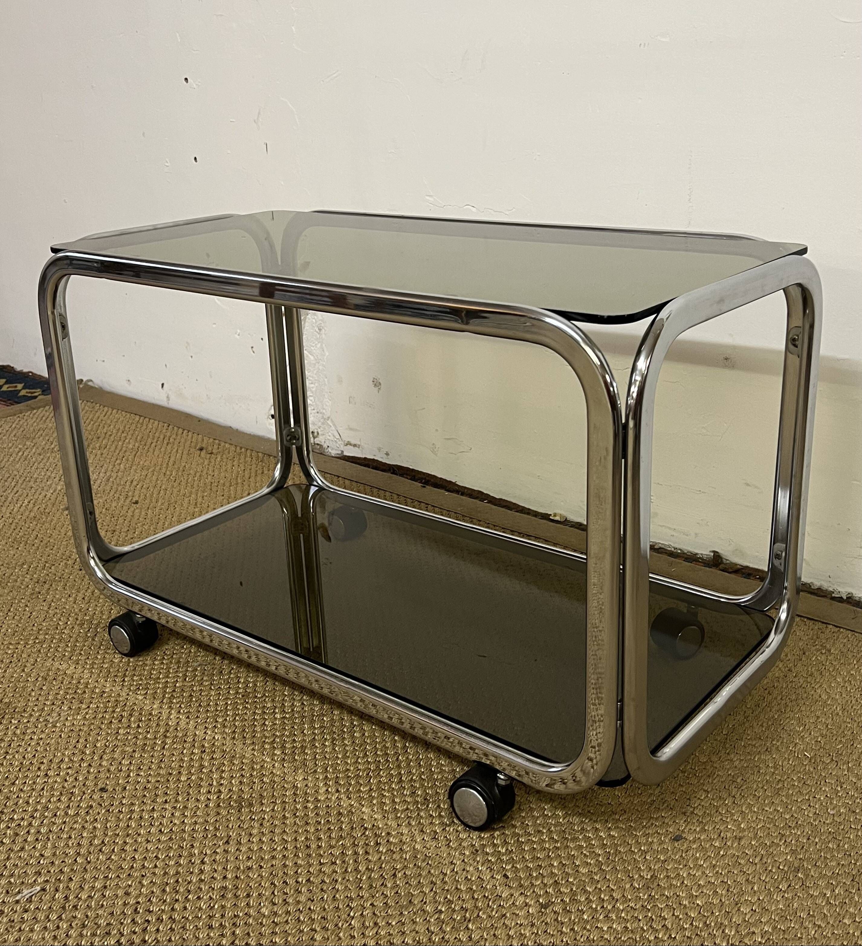Metal and smoked glass rolling trolley / Bar cart from the 70s