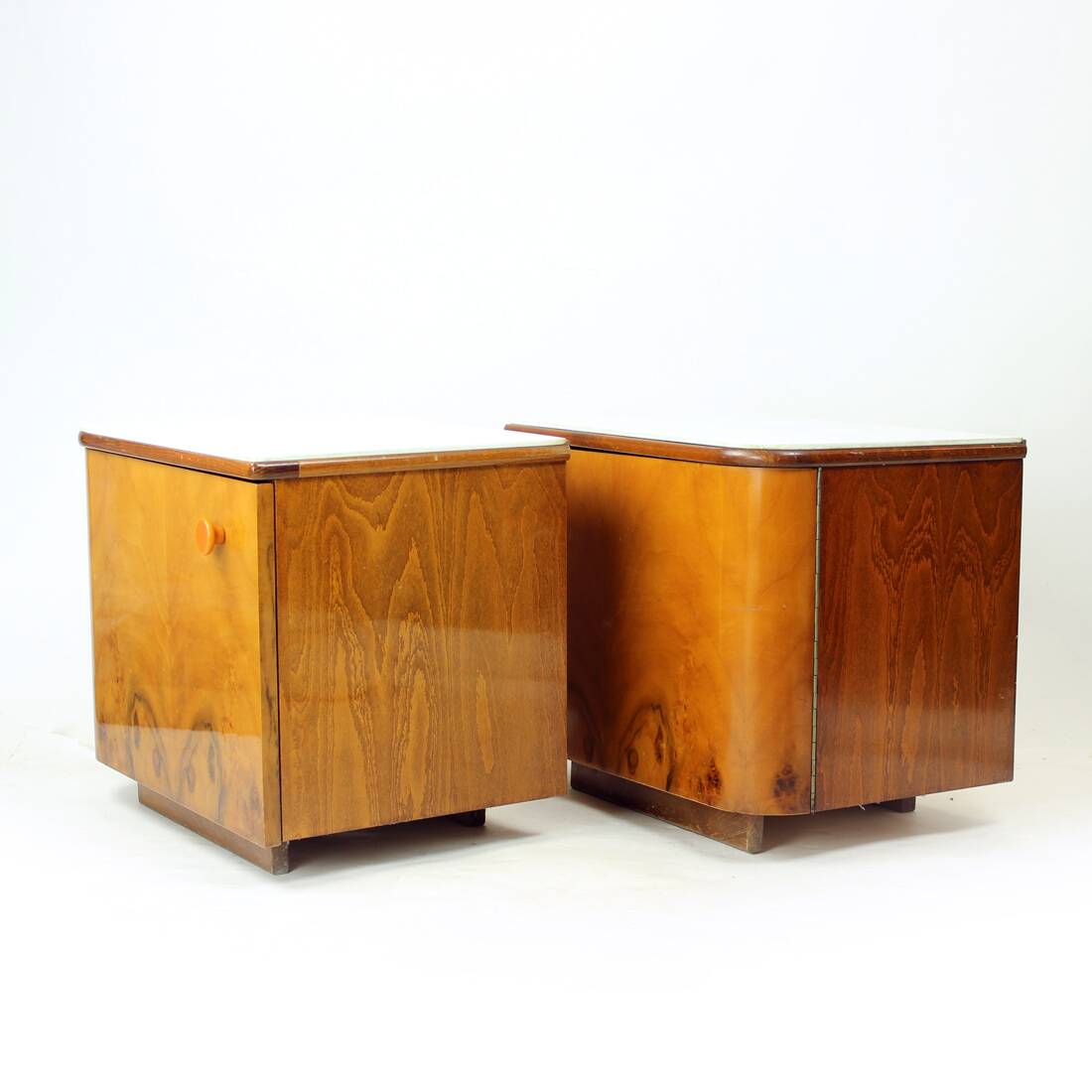 Classical Bedside Tables In Walnut And White Glass, Czechoslovakia 1960s