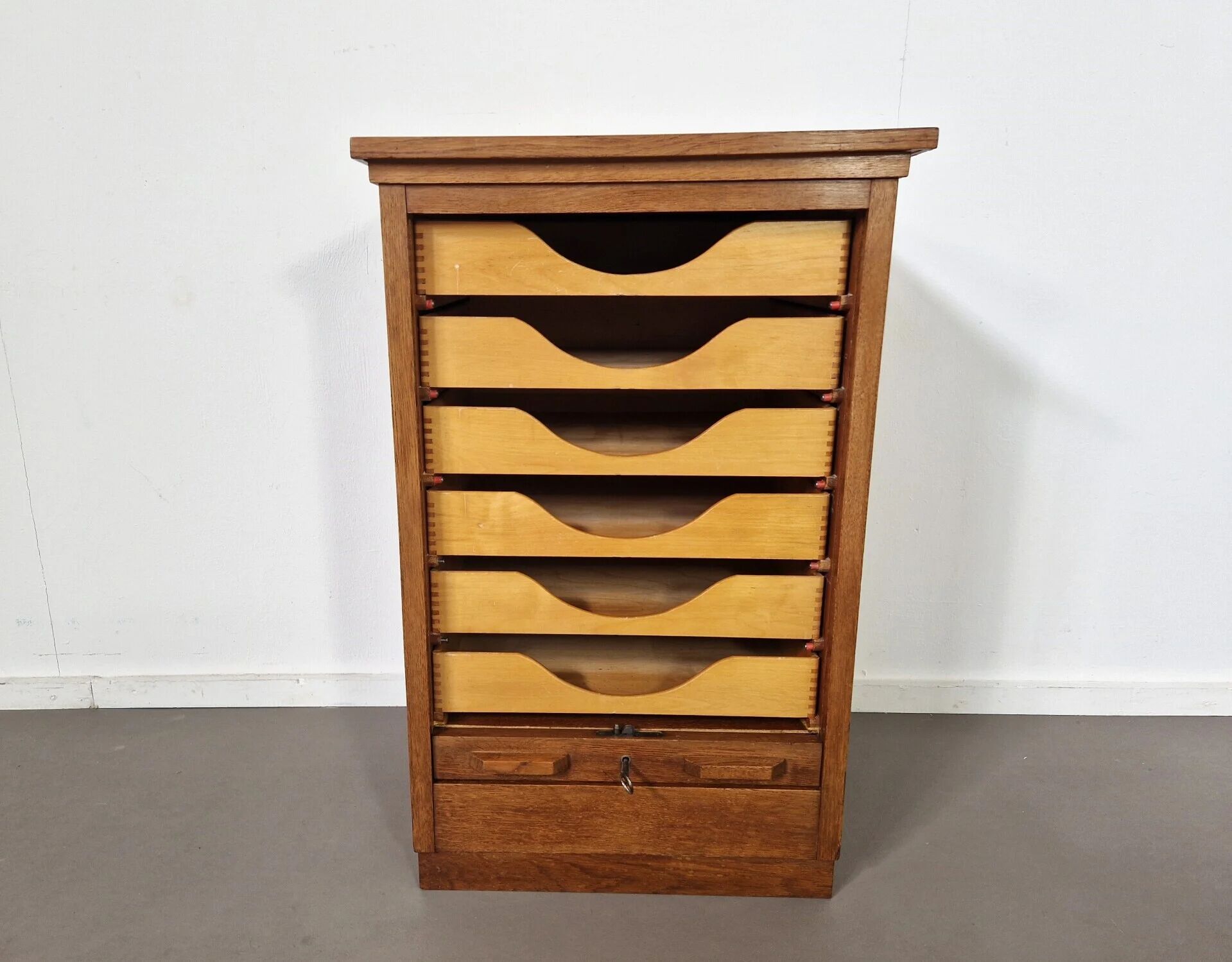 Vintage oak tambour cabinet | 1940s