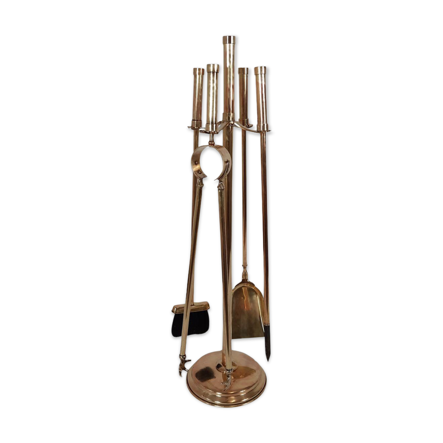 Tool set, brass fireplace accessories, vintage