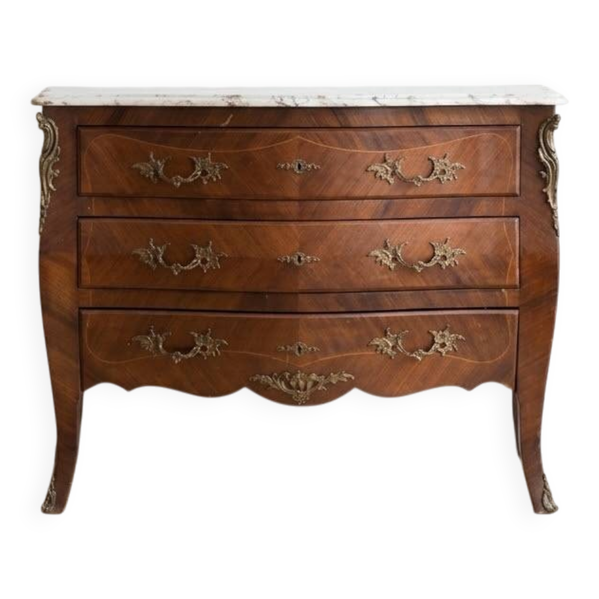 Curved Regency-style commode in mahogany marquetry.