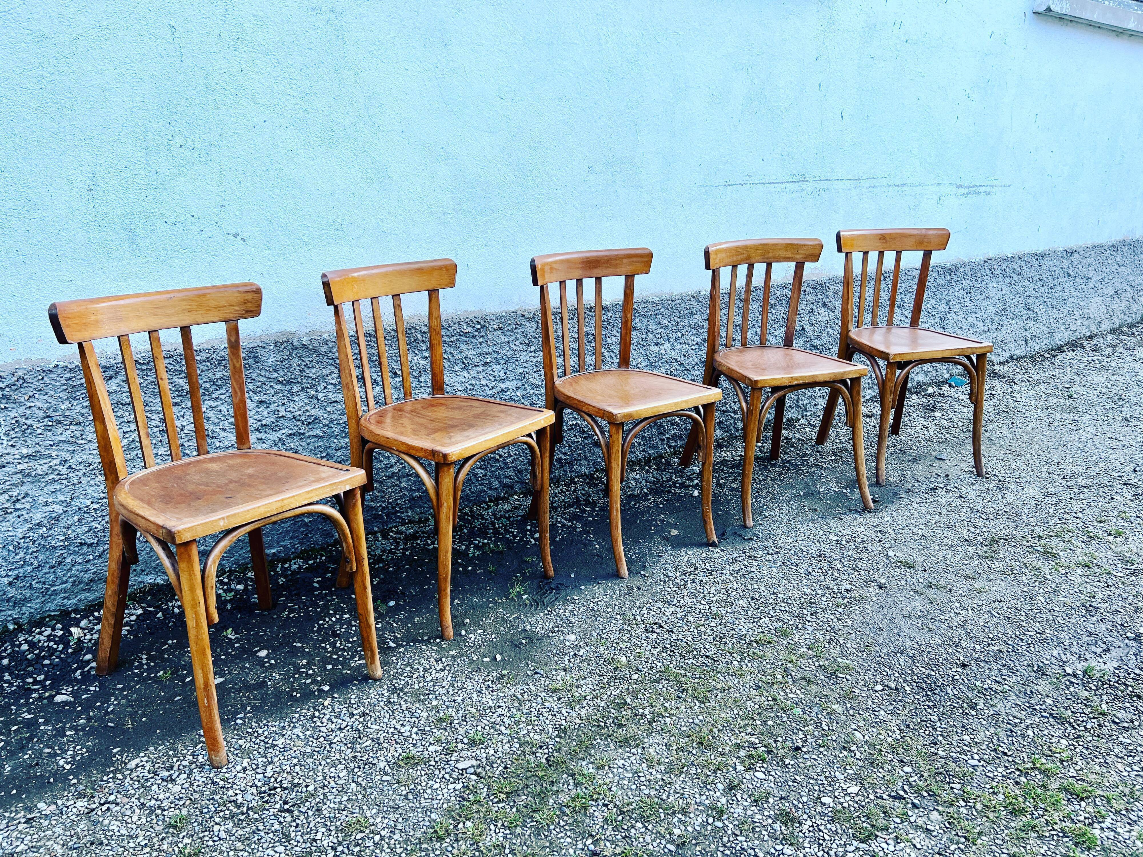 Series of 5 bistro/bohemian beech chairs - vintage - 1950