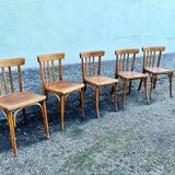 Series of 5 bistro/bohemian beech chairs - vintage - 1950