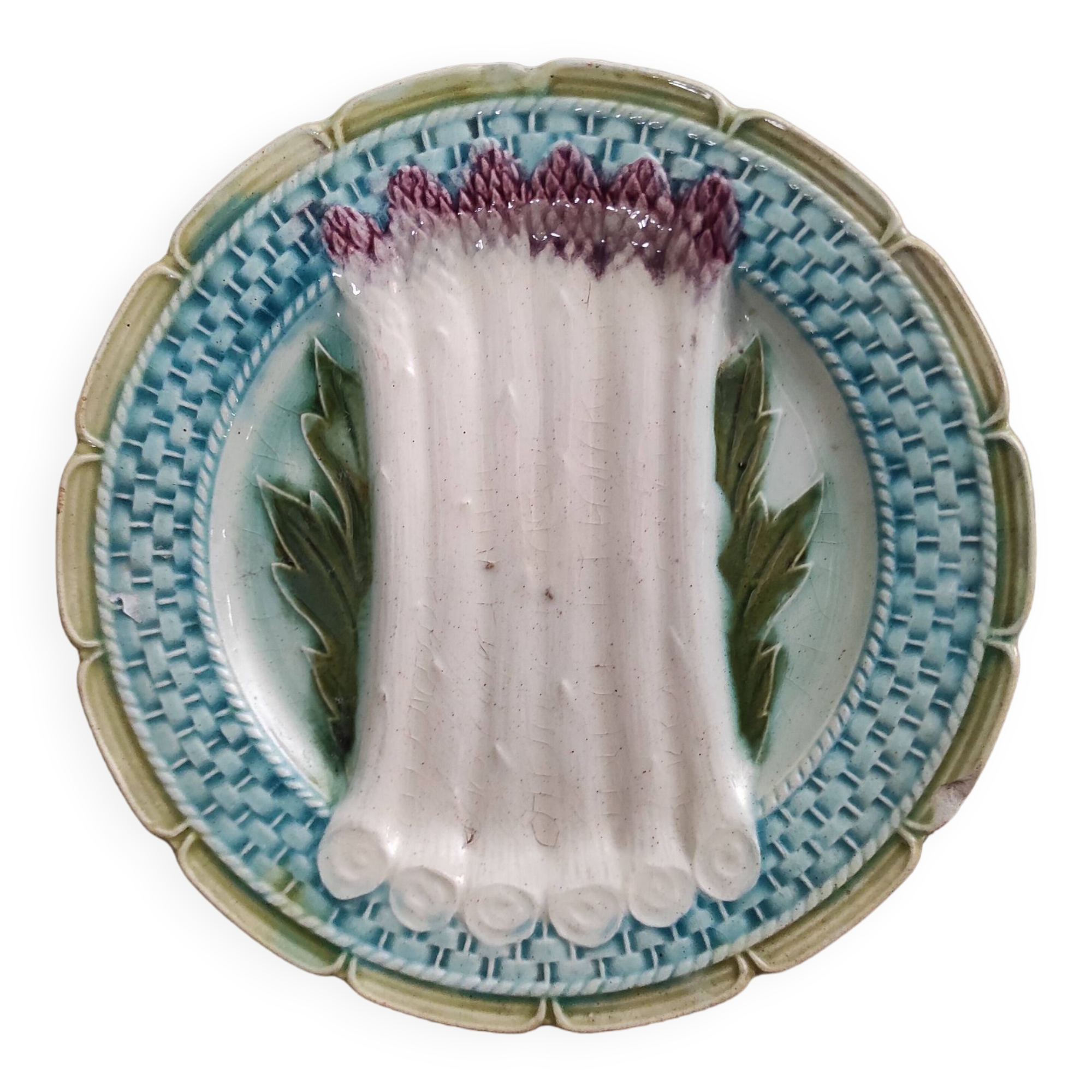 French antique asparagus dish, majolica, barbotine