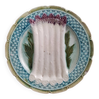 French antique asparagus dish, majolica, barbotine