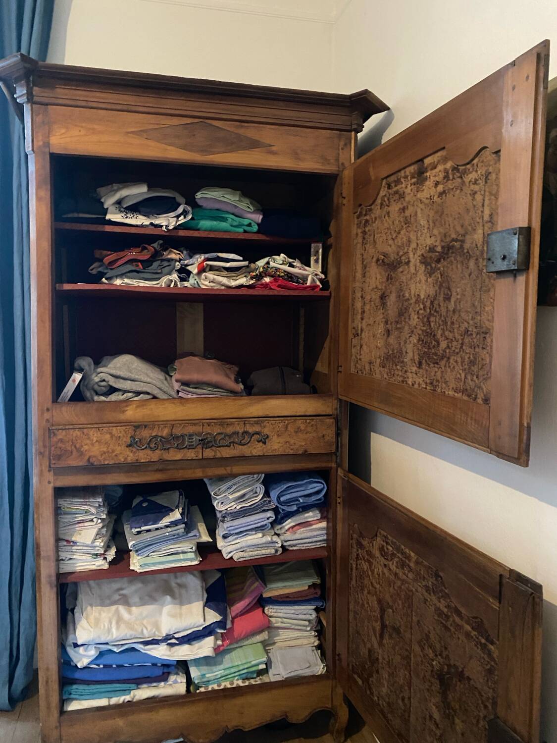 Antique solid wood wardrobe - burl panels and fittings
