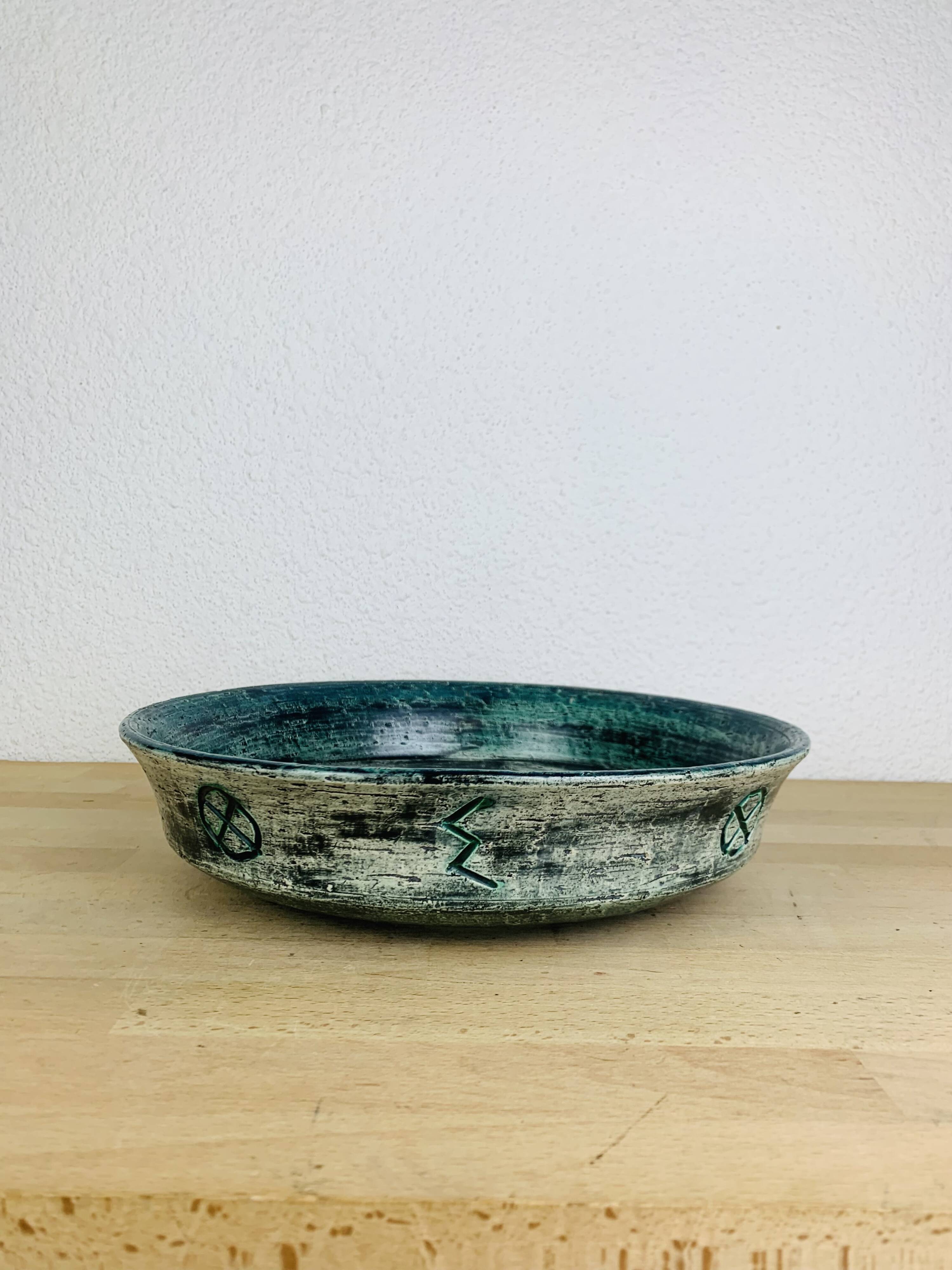 Round blue ceramic dish signed Arol Norway
